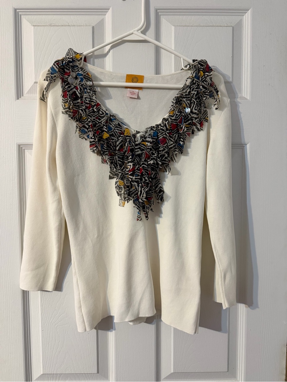 Women’s Vintage Style Ruby Rd V Neck Light Weight Fringe Trim White Sweater Sz M